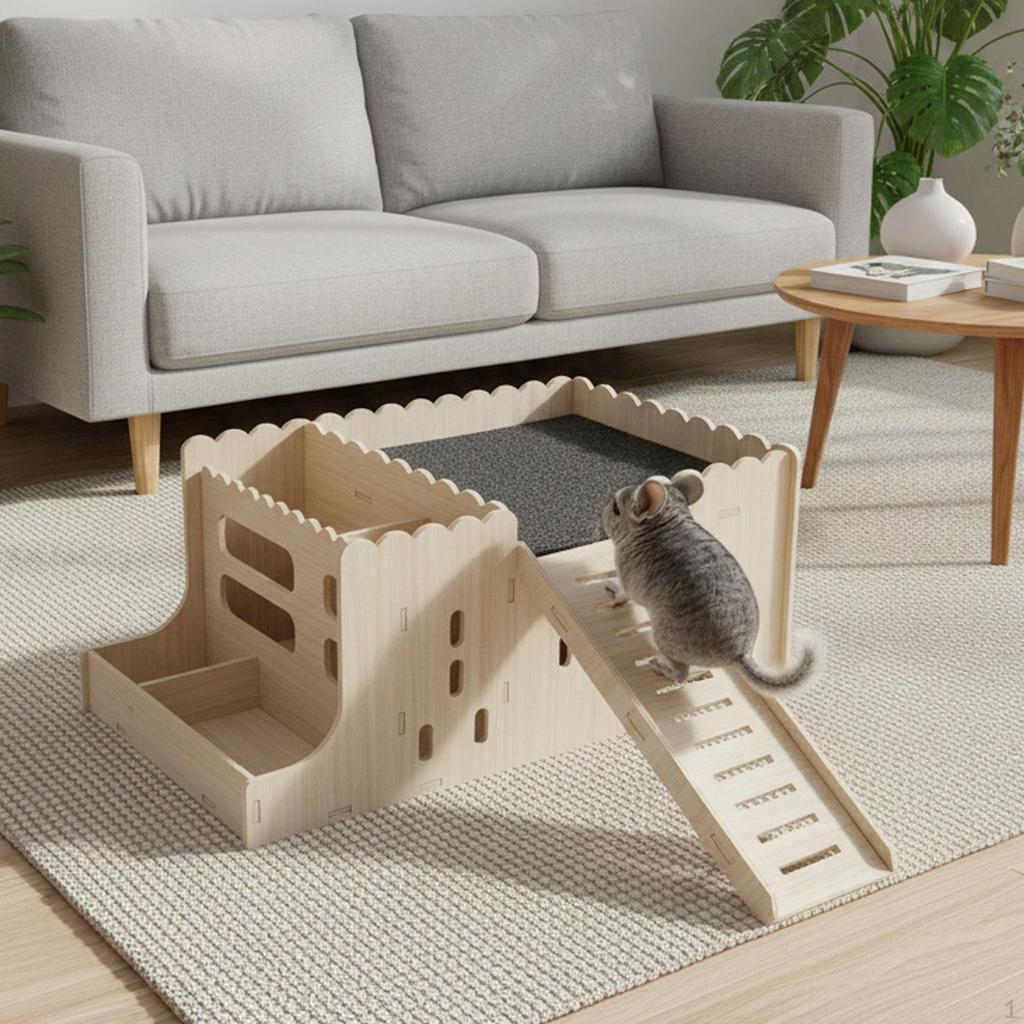 Convertible Wooden Hamster House, Guinea Pig Enclosure, Chinchilla Hut, Feeding Area And Spa