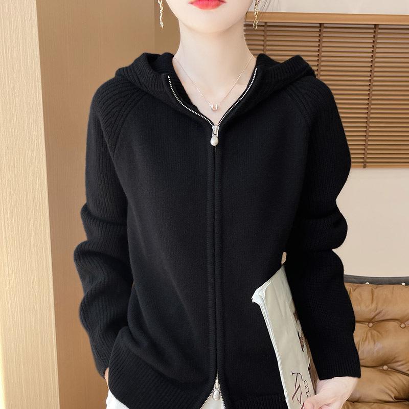 Women's 100% Wool Double Zipper Hooded Knit Cardigan with Raglan Sleeves