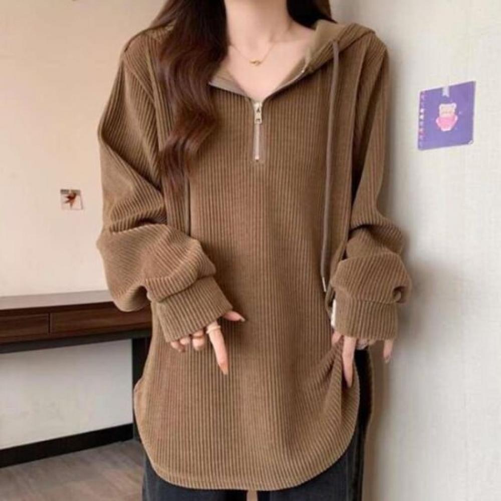 Navava Women Loose FiT Ribbed Half Zip Hooded Long Sleeve T shirT nT3238
