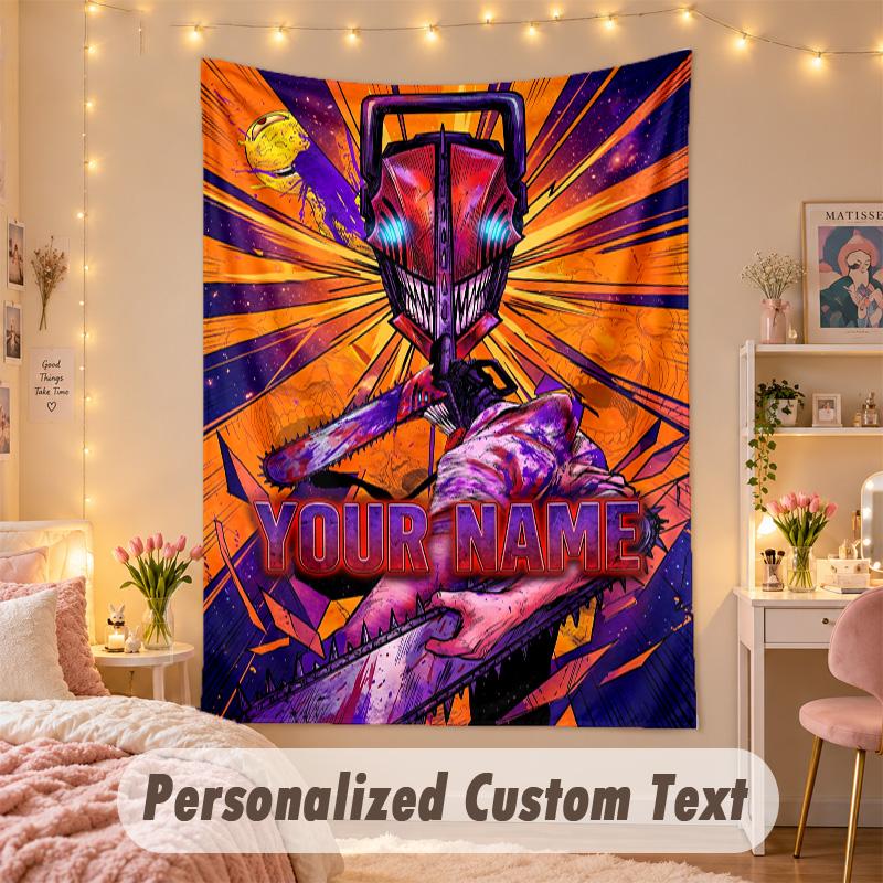 Custom Personalized Tapestry,Chainsaw Man Print Custom Name Text Wall Art Hanging for Bedroom