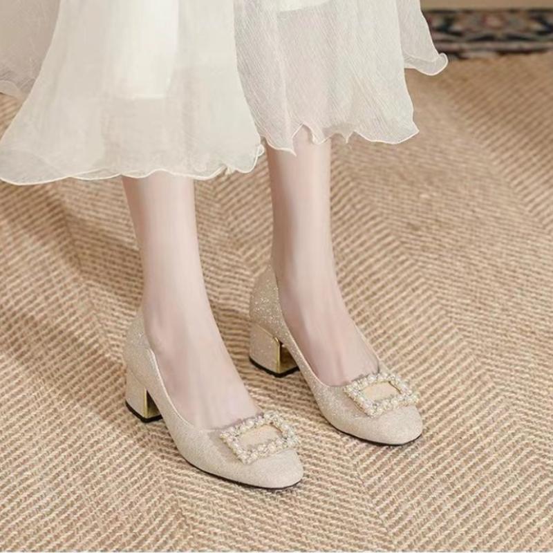 2024 High Quality Women's Shoes Slip-on Women's High Heels Fashion Square Button Office and Career New Crystal Heels Women