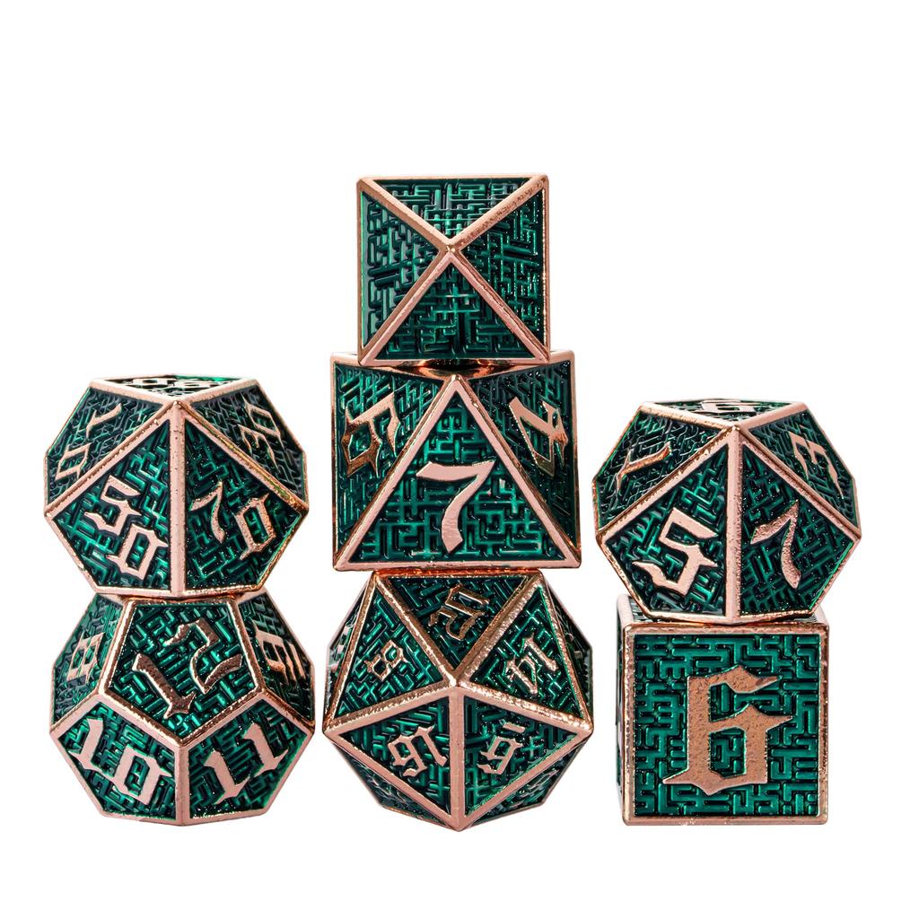 Cusdie DND Labyrinth Metallwürfel Massiv D4-D20 Polyederwürfel Set mit einzigartigem D4 für Rollenspiel Pathfinder Brettspiele TRPG