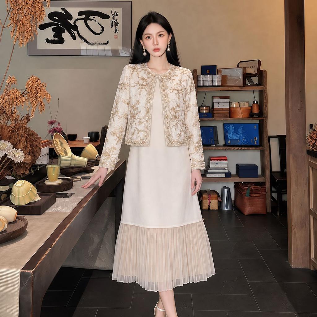 New Chinese heavy industry bead embroidery exquisite round neck short outer mesh splicing long dress two-piece set P7161