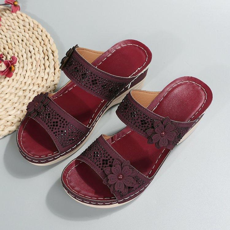 Summer retro casual flower high heel one-character women's wedge slippers breathable foot comfortable European and American