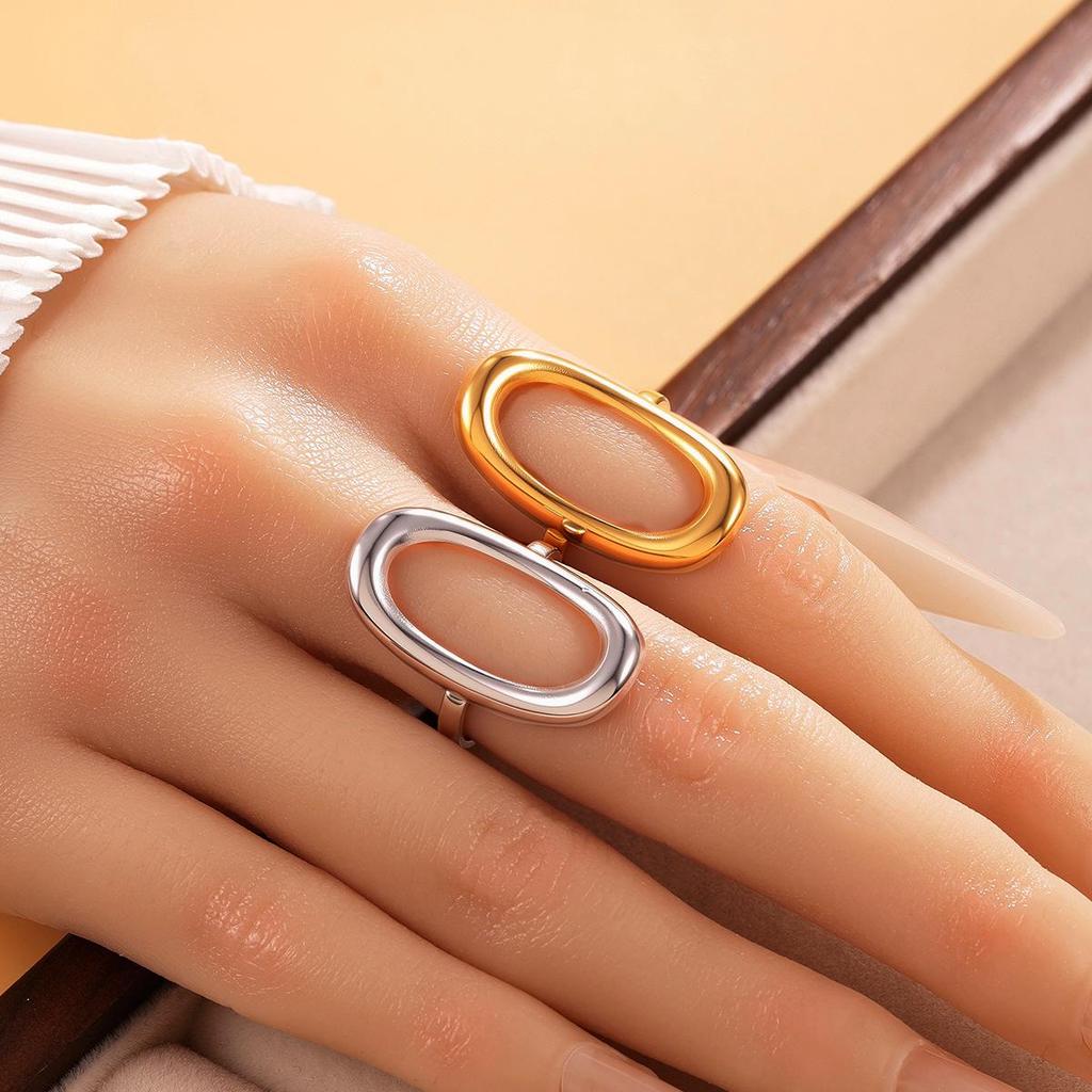 Adjustable Geometric Oval Stainless Steel Ring In Minimalist Style