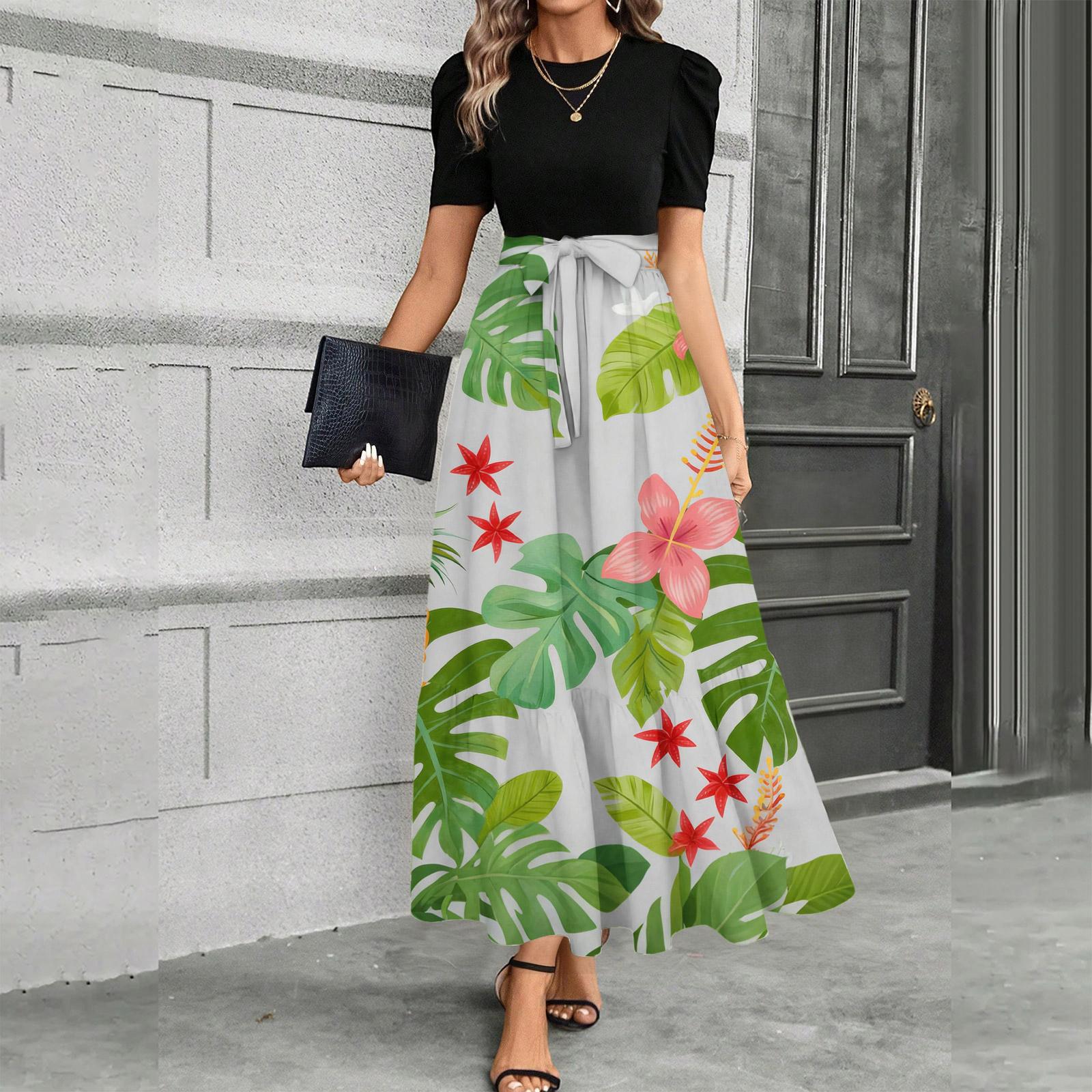 

Short Sleeve Women s Dress Casual Flowy A-Line Midi Tshirt Dresses With Pockets Crewneck Vocation Boho Beach Sundress S зелений