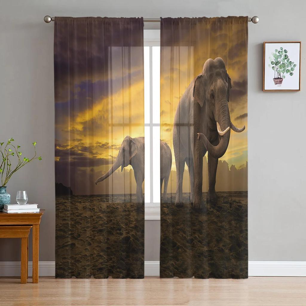 Tier-Elefant-Grasland-Tüllvorhänge für Wohnzimmer, Schlafzimmer, moderne, durchsichtige Chiffon-Küchenvorhänge