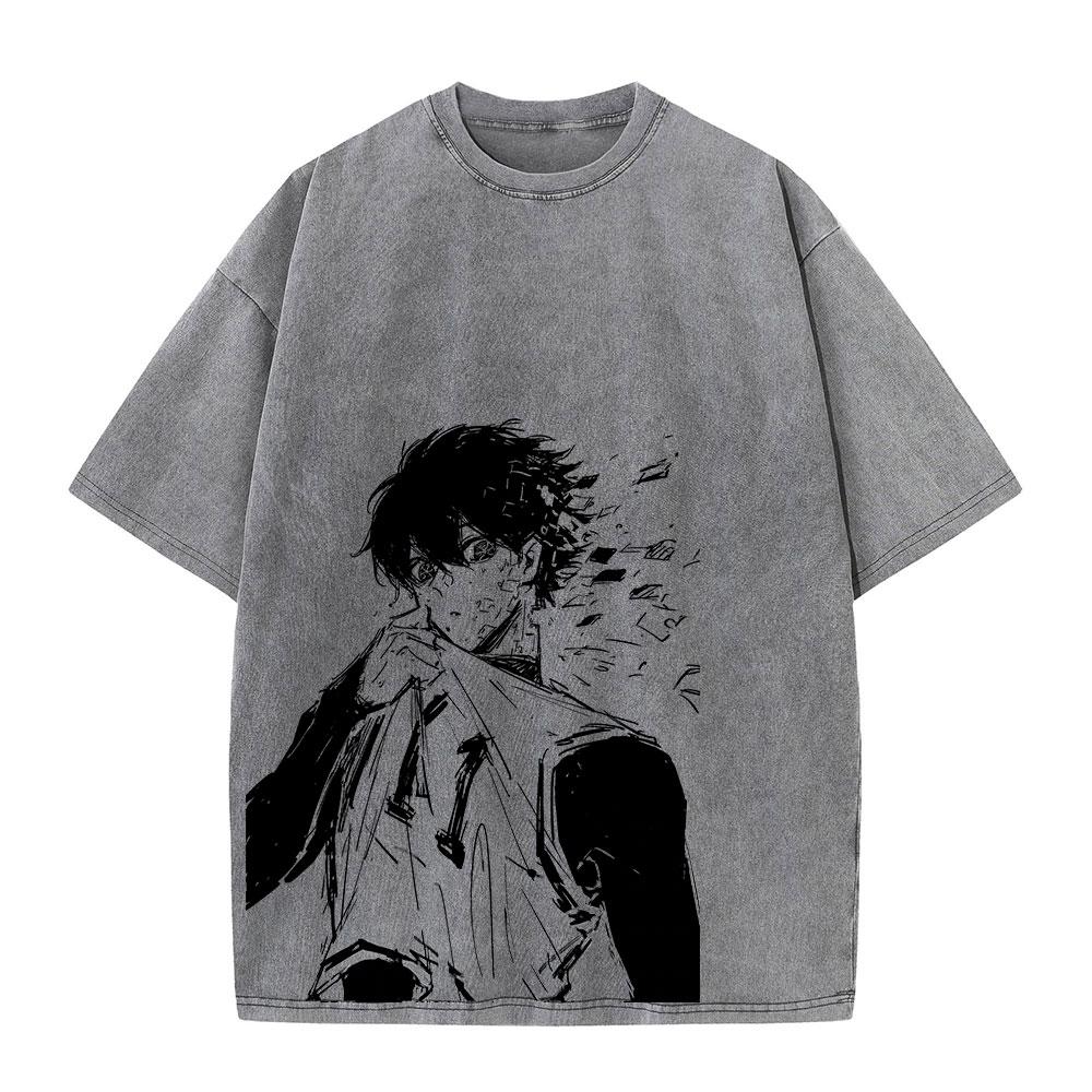 Anime Blue Lock Wash Tshirts Men Vintage Washed T Shirt Harajuku Oversize Cotton Tee Cotton Fashion Streetwear  Top