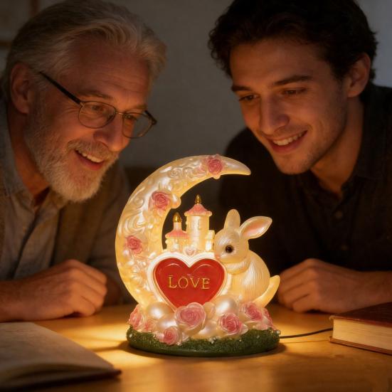 Easter Bunny Night Light Cute Bunny Moon Heart Table Lamp Resin Bedside Lamp for Kids Room Nursery Bedroom Decor