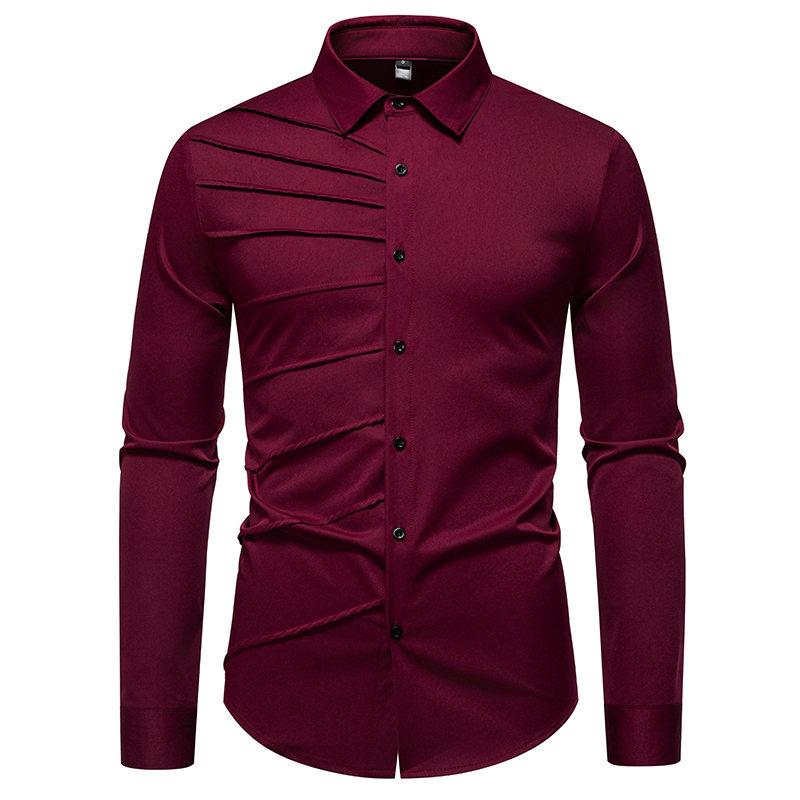 

Новая осенняя мужская мода Плиссированный дизайн Рубашка с длинным рукавом Мужские однотонные рубашки Мужская универсальная повседневная социальная Свадебная вечеринка Деловая US XXL вино красного