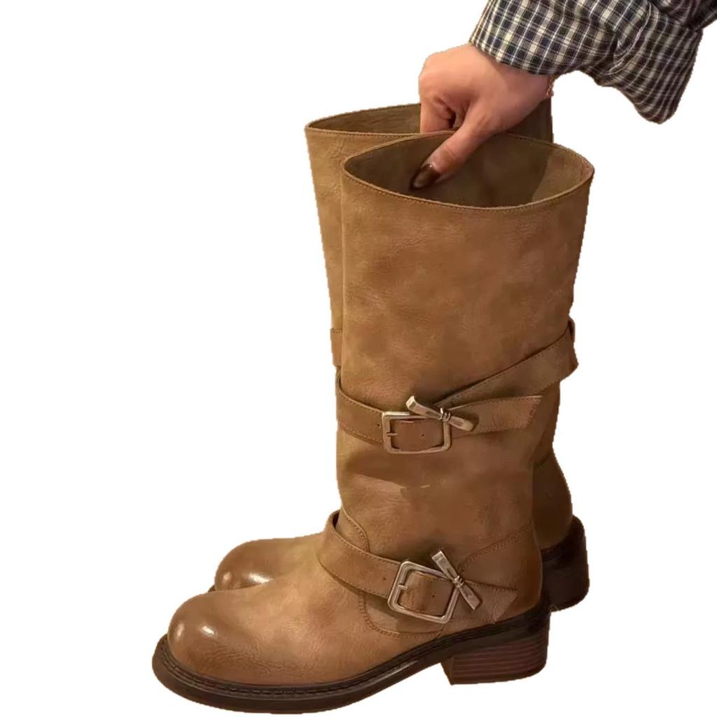 New retro old belt buckle tube women's thick-soled niche stacking boots Martin boots