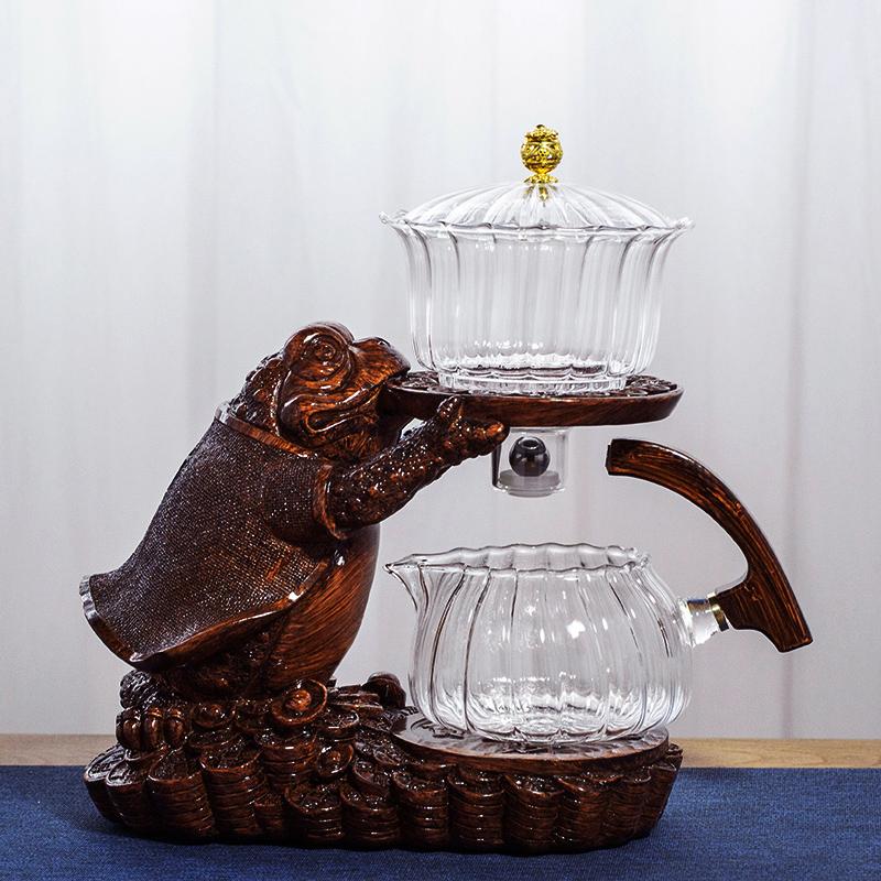Kreativní konvička ve tvaru čajové žáby Automatický čajovar Konvička a šálek na čaj Pu'er Oolong Žáruvzdorná skleněná konvička Podstavec