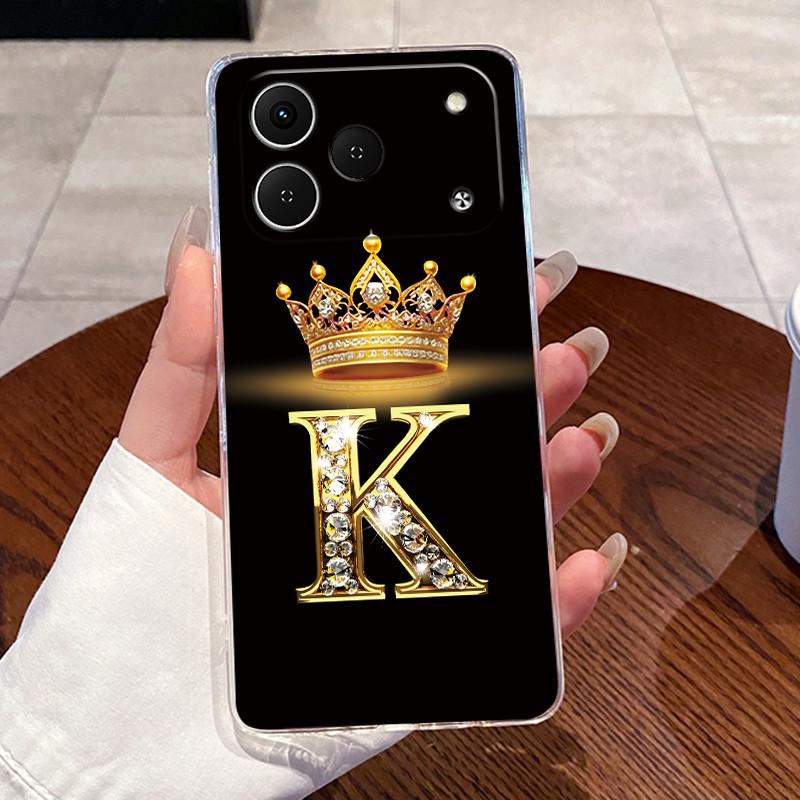 Phone Case For Tecno Spark 50 Bumper Transparent TPU Shockproof Soft Casing Crown Lucky Initial Letter Pattern Couple Shell