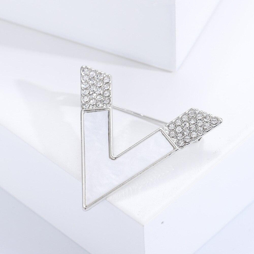 Blucome Trendy Collar Pin Simple Letter V Jewelry Women Rhinestone Brooches for Cardigan Suit Pin Gift
