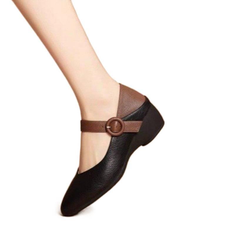 2025 Frühling und Herbst Mode Retro flacher Mund Gummi spitz PU Einzelschuhe Low-Top-Schuhe Ein-Wort-Schnallenriemen dicker Absatz mittlerer Absatz (3