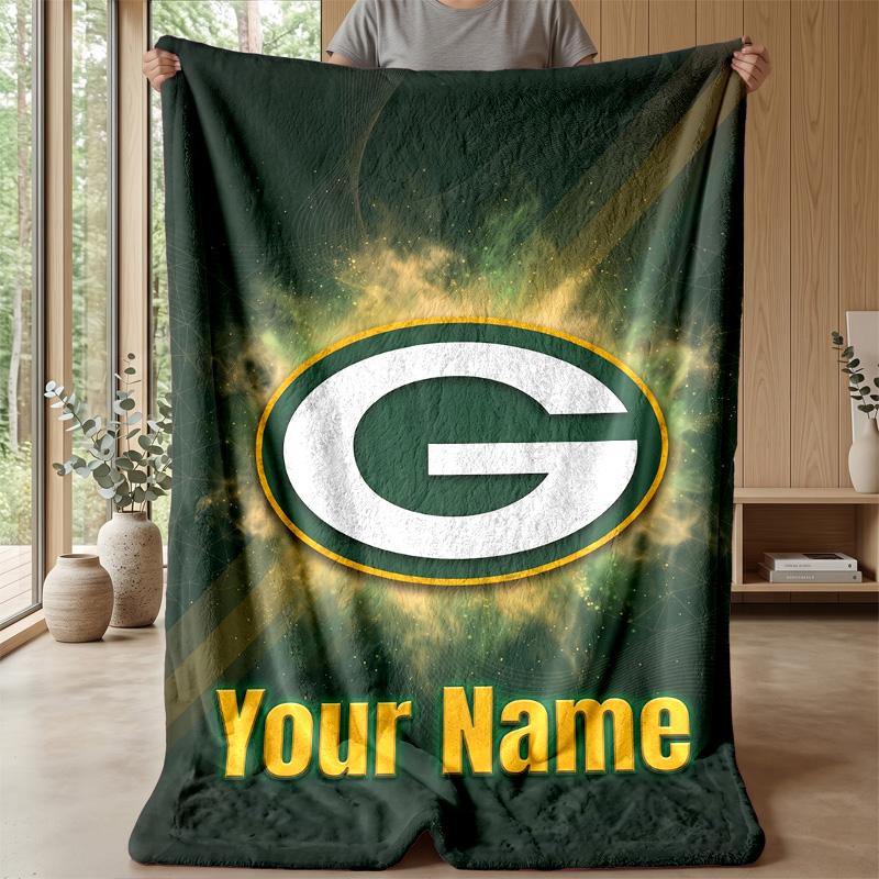 Green Bay Packers Custom Flannel Throw Blanket Print Your Name Text Soft Warm Blanket Holiday Present