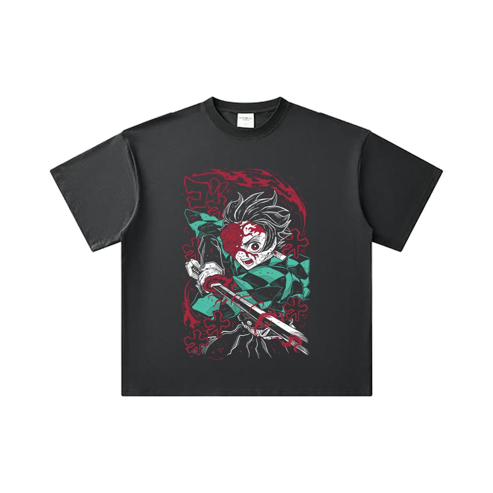 260 GSM Double Yarn 32 Count 100% Cotton Demon Slayer V41 Demon Tanjiro Print Unisex Heavy Cotton T Shirt