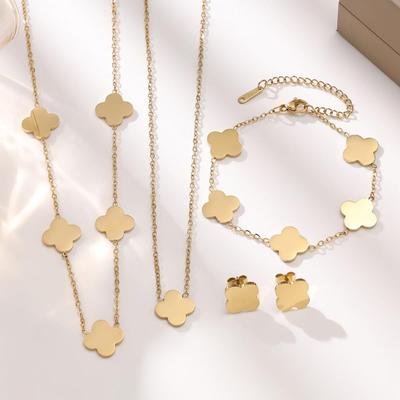 European 18K Gold Stainless Steel Four-Leaf Clover Jewelry Set: Bracelet, Necklace, Earrings for Women
