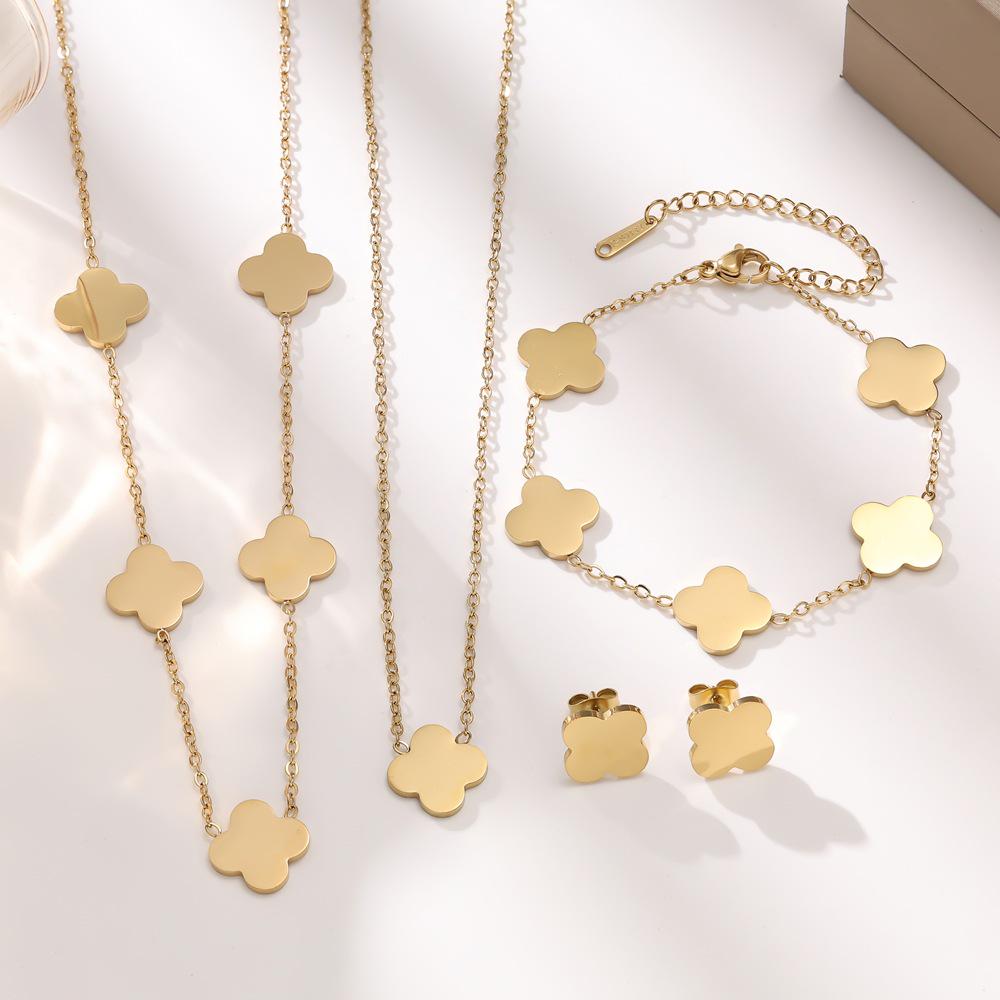 European 18K Gold Stainless Steel Four-Leaf Clover Jewelry Set: Bracelet, Necklace, Earrings for Women
