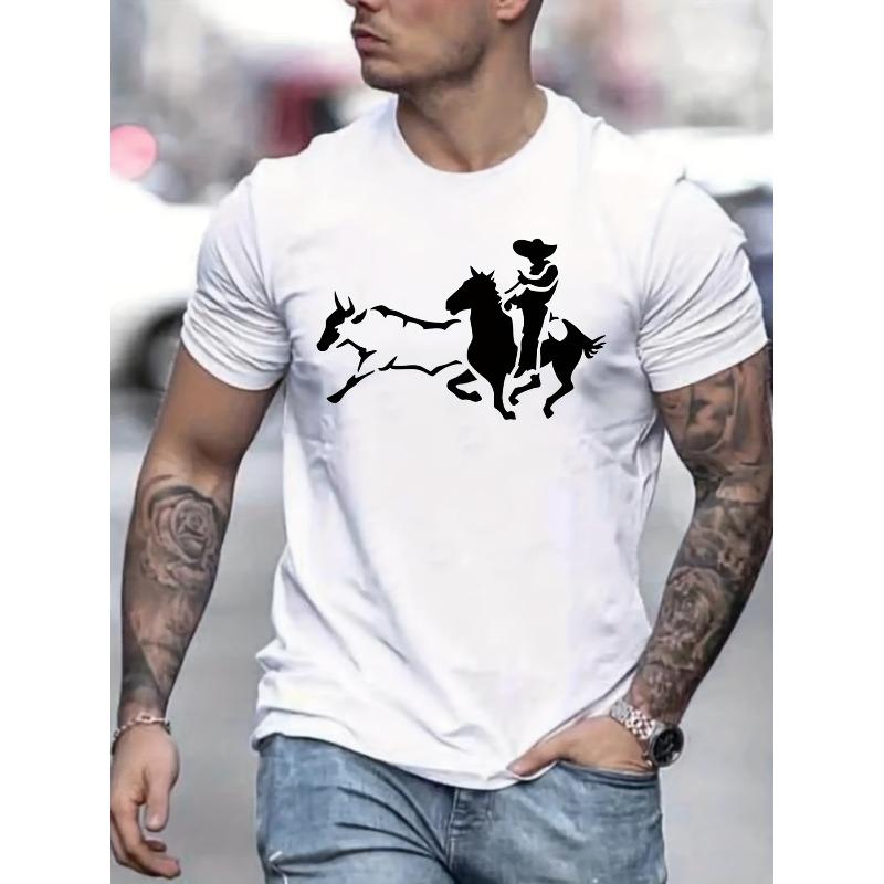 European Size Men s & Women s Big & Tall Western Cowboy T-Shirt - White with Black Denim Silhouette Print, Short Sleeve Crew Neck Retro Western Shirt S белый