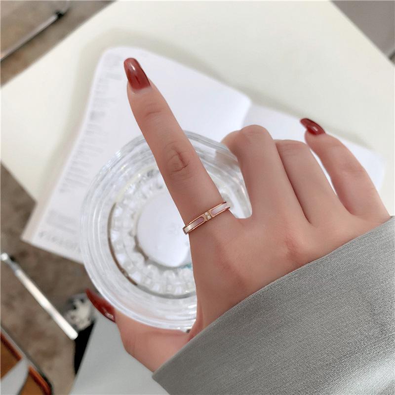 Micro-Inlaid Two-Diamond Pink Shell Gold-Plated Titanium Steel Ring for Women