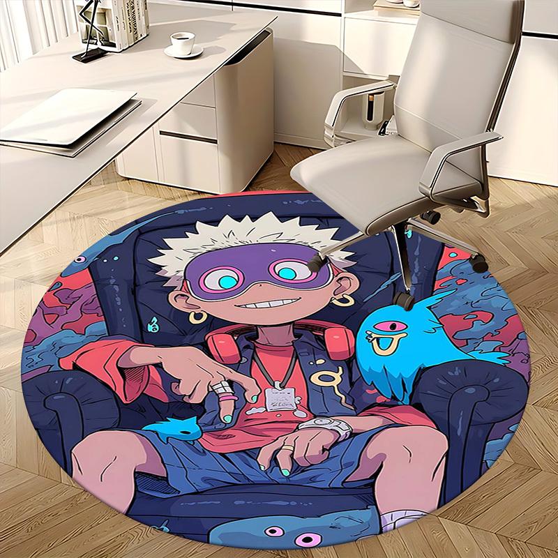 1 szt. Okrągły dywanik z motywem kreskówki anime - Mata pod krzesło biurowe z postacią niebieskiego duszka, Nadaje się do wystroju domu