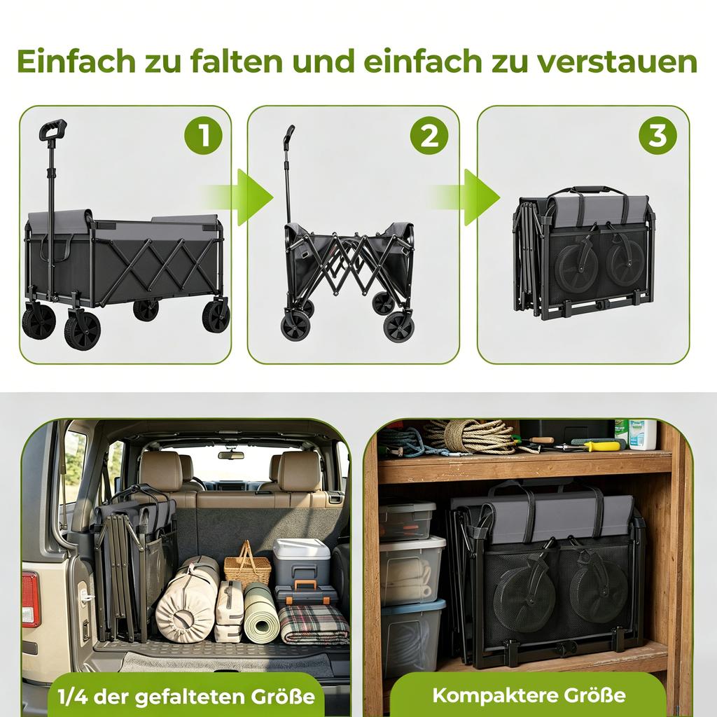 Carro Plegable Pequeño 100KG, Carro de Mano, Carrito de Compras Carro de Camping con Asa Ajustable en Altura, Ligero y Ahorra Espacio y Estable, Negro