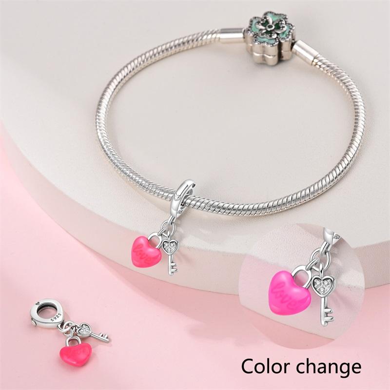 Original Copper Charms Luxury Pink Heart Key Pendant Beads Fit Bracelet Diy Women Making Delicate Gift