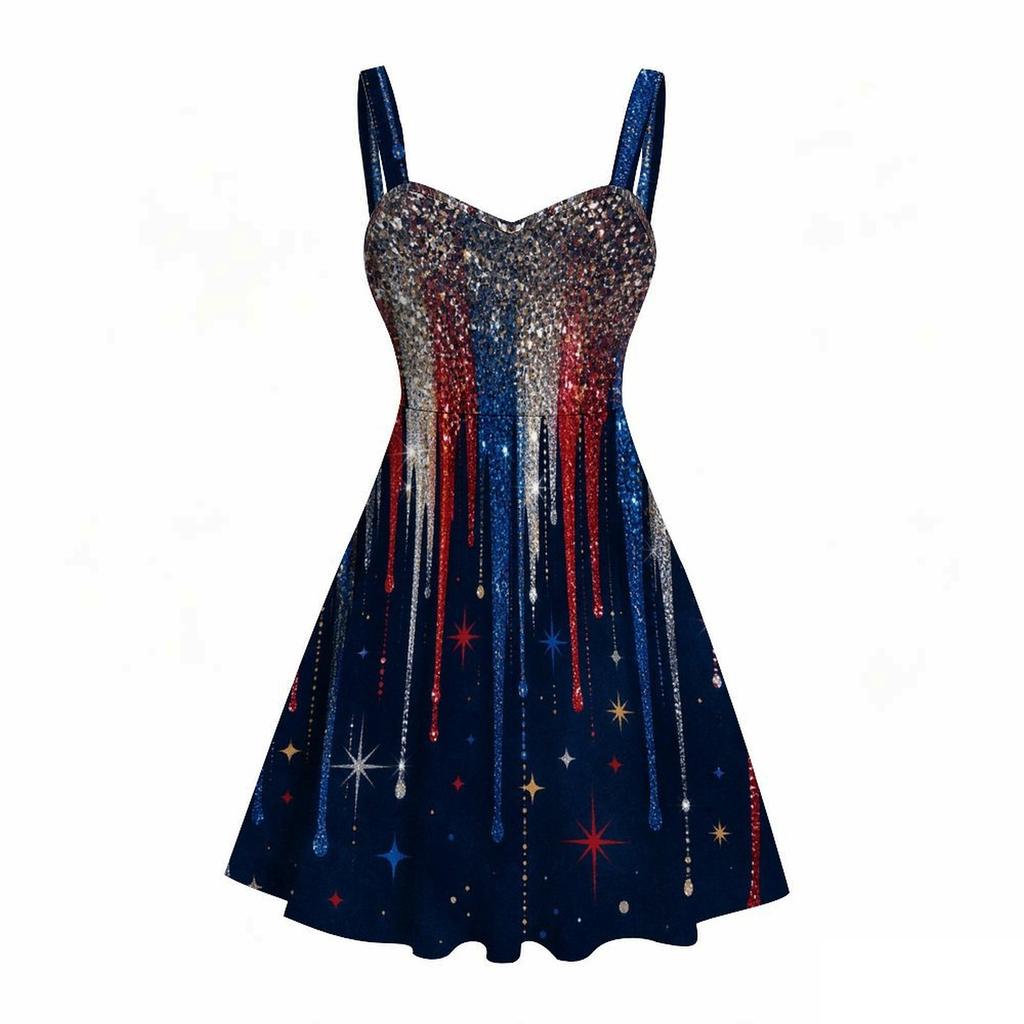 Women Plus Size Off Shoulder Strappy Sleeveless Dress Red White Blue Star Printed Fitted Waist Flared Hem
