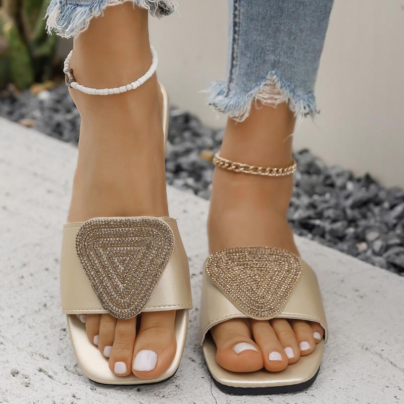 Fashion Women's Flat Shoes Summer New Square Head Shallow Mouth Rhinestone Soft Bottom Slip-resistant Wear-resistant Slippers