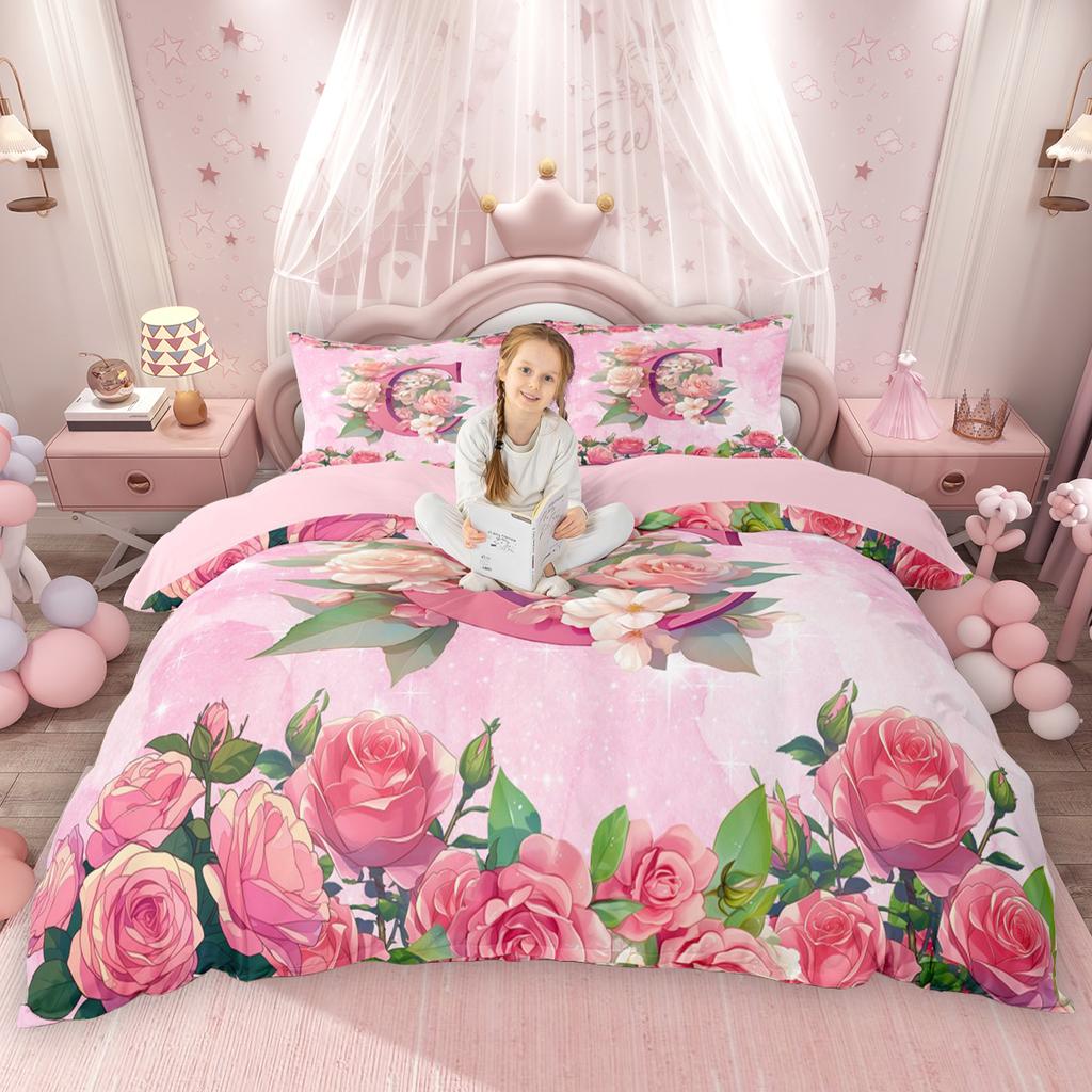Homewish Girly Cute Pink Duvet Cover Set For Kids Girls Initial Letter A To T Bed Set Chic Floral Flower Quilt Cover Set