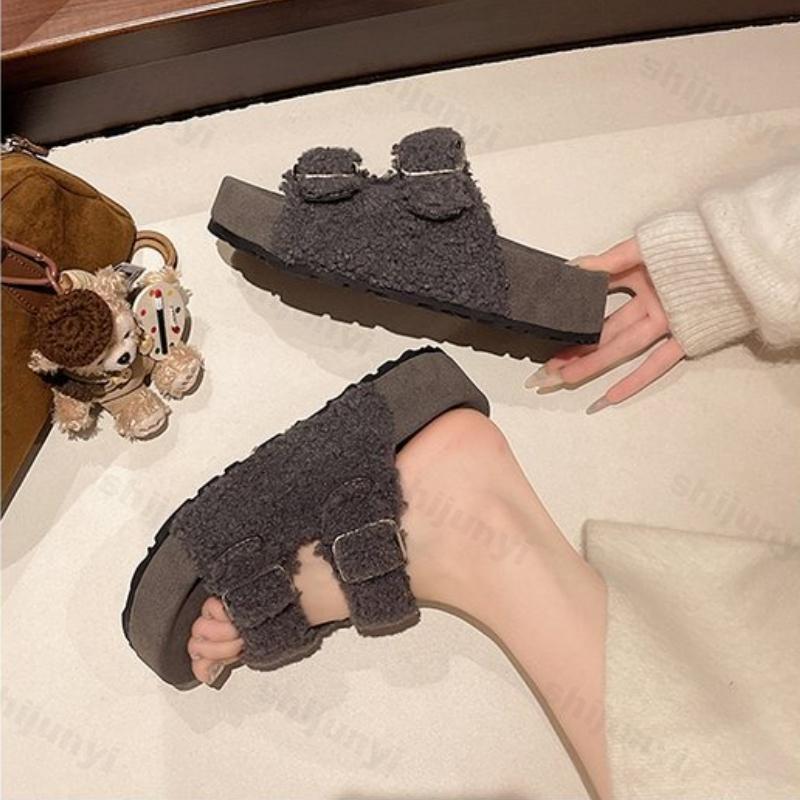 Fashion Women's Outdoor Plush Shoes Autumn New Buckle Strap Non Slip Casual Flats Comfortable Height Increase Fashion One Word Slippers