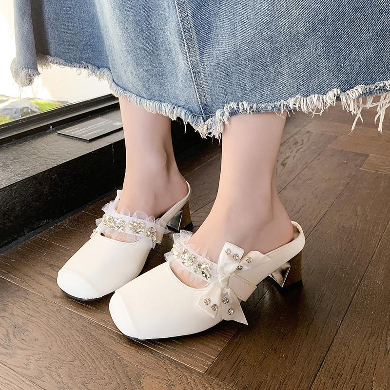 Fashion 2025Spring New Square Head Shallow Mouth Crystal Buckle Bow Soft Sole Non-slip Slippers Bao Head Low Heel Slippers
