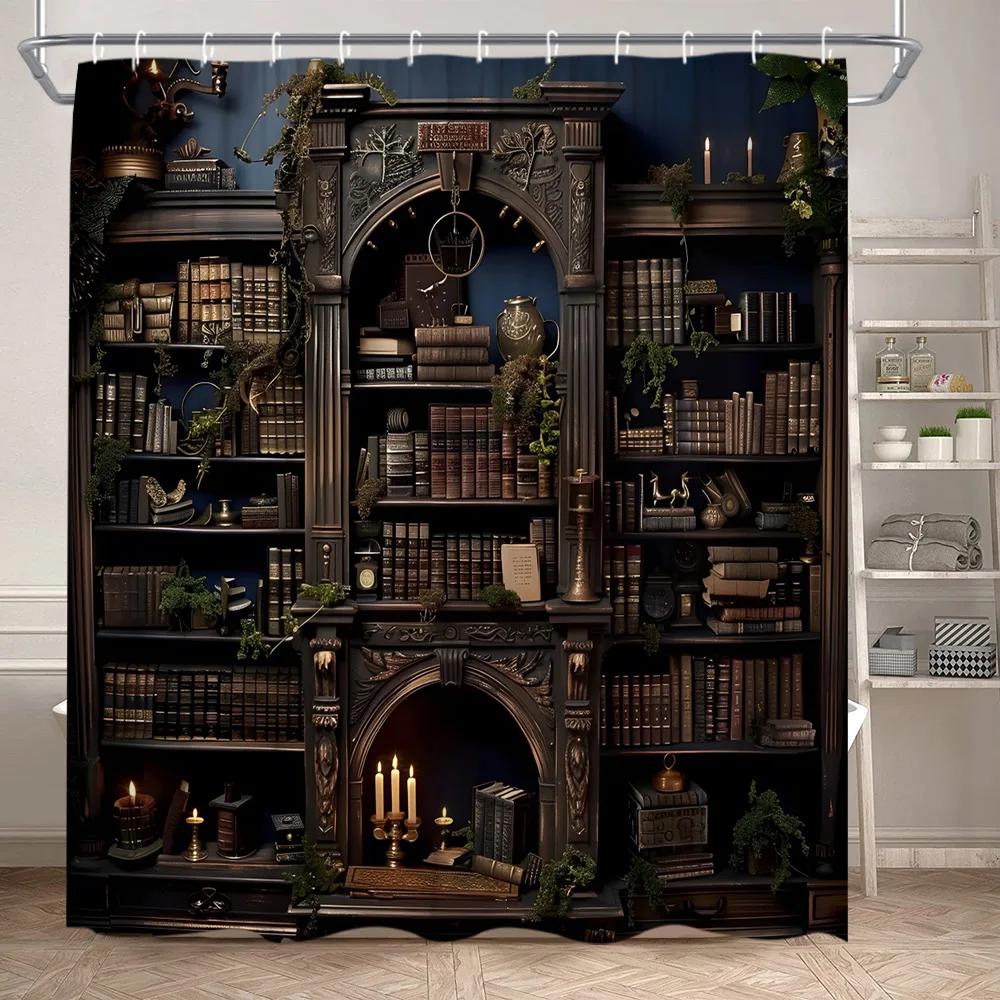

Библиотека Занавеска для душа Винтаж Старая книга Книжные полки Листья растений Свечи Магия Дом Полиэстеровая ткань Декор для ванной комнаты Набор занавесок 90x180cm35x71in