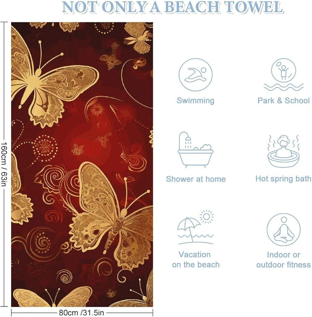 Hearts Golden Butterfly Beach Towel Oversized Beach Towels Lightweight Sand Free Pool Towel Quick Dry Absorbent Bath Towels