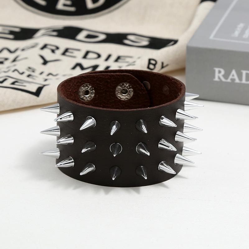 Men's Punk Leather Bracelet with Three-Row Spike Rivets