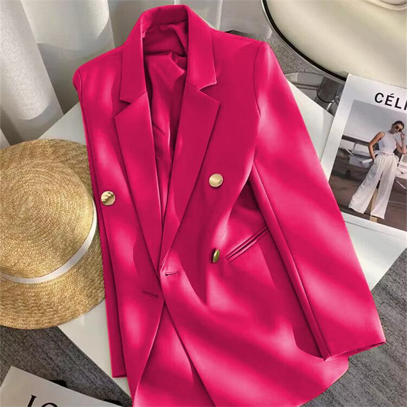 Women Long Sleeve Blazer Jacket Lapel Double Breasted Gold Button Loose Fit Office Casual Suit Outerwear Coat