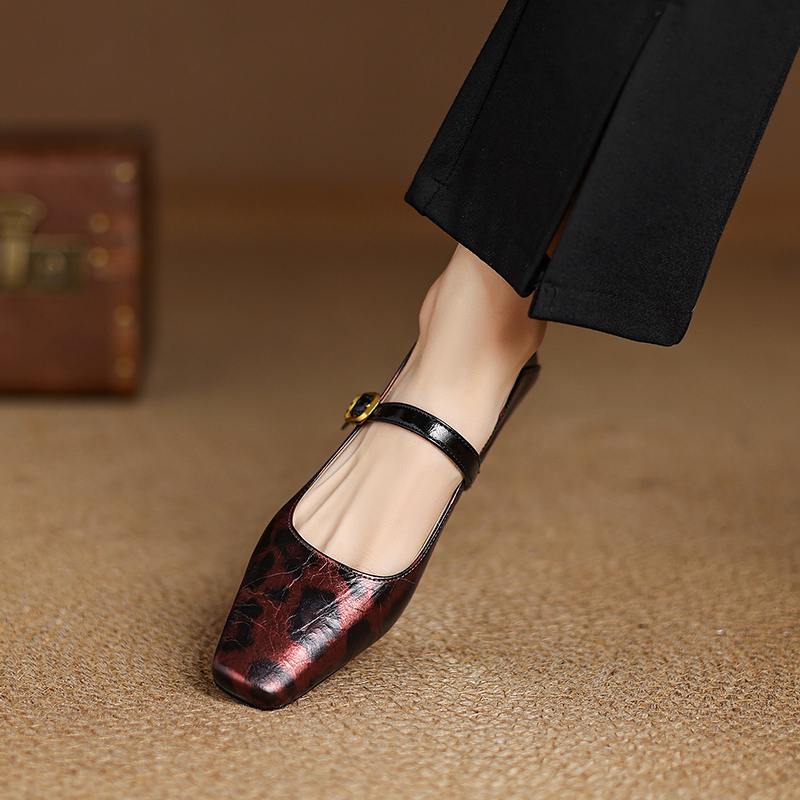 Krazing Pot Cow Skin Spring Summer Size 41 Thick Low Heels Women Square Toe Leopard Metal Buckle Shallow Pumps