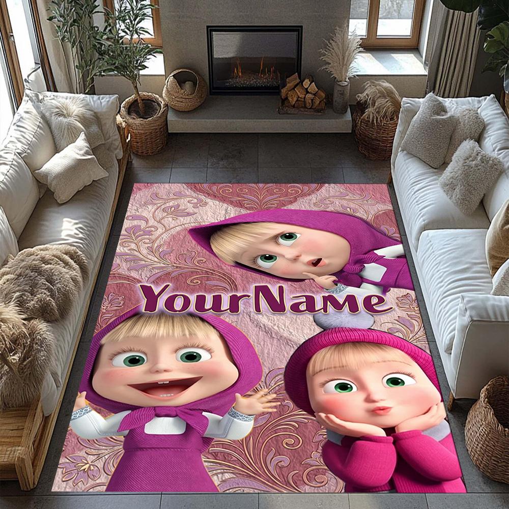 Masha Bear Customizable Name Floor Mat Design for Hallway Playrooms Entryway Outdoor Anti-slip Rug Anime Office Decor Best for Christmas