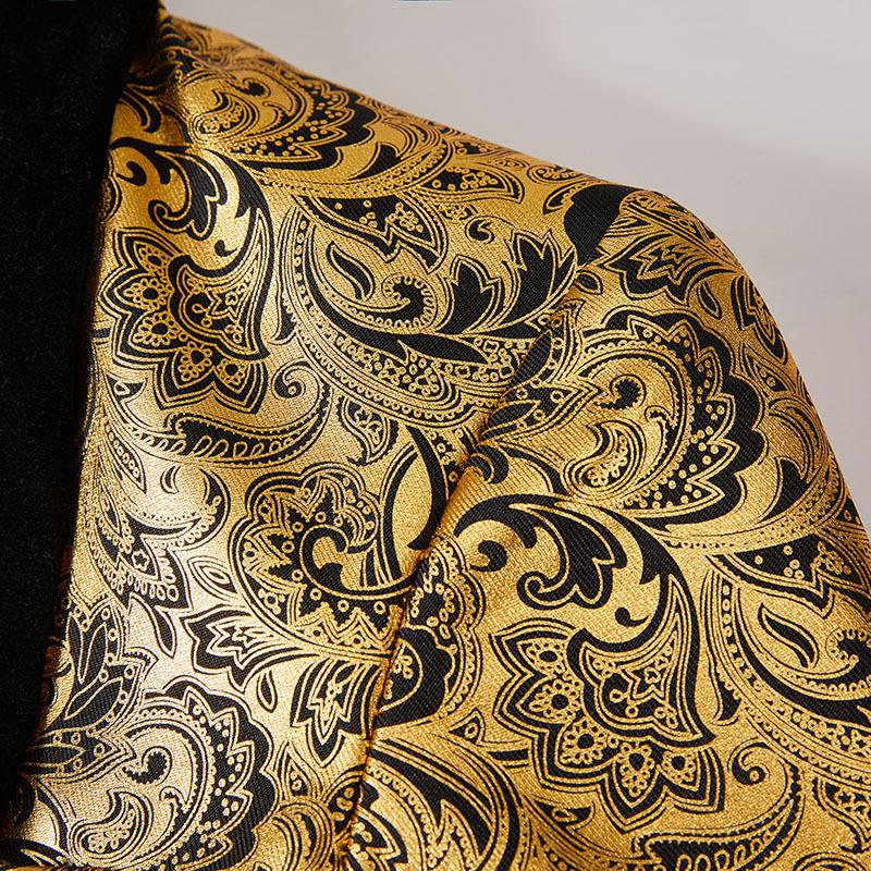 Pánský luxusní dvoudílný oblek s ražbou ve zlaté barvě, sako a vesta