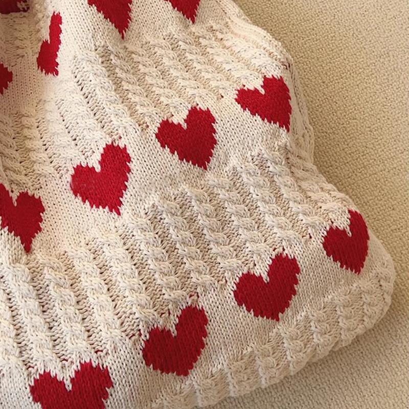 Knitted Love Pattern Tote Bag Stylish Woven Handbag Shoulder Bag for Women Party Work Travel Underarm Bag Outdoor