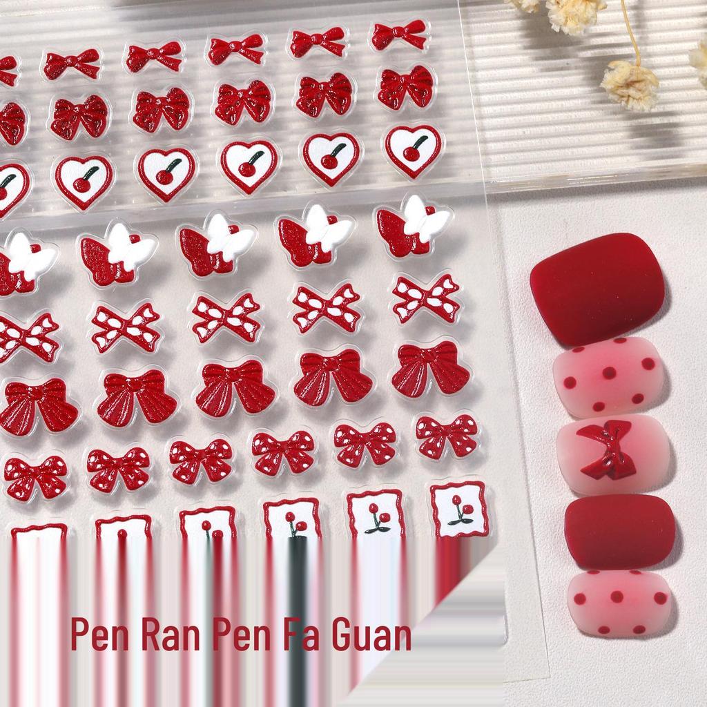 5D Embossed Red Bow Nail Stickers for Festive DIY Nail Art