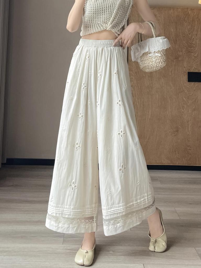 Women's Baggy Wide Leg Pants Lace Splicing High Waist Thin Elastic Waist Straight Trousers Vintage Style Casual Clothing Summer