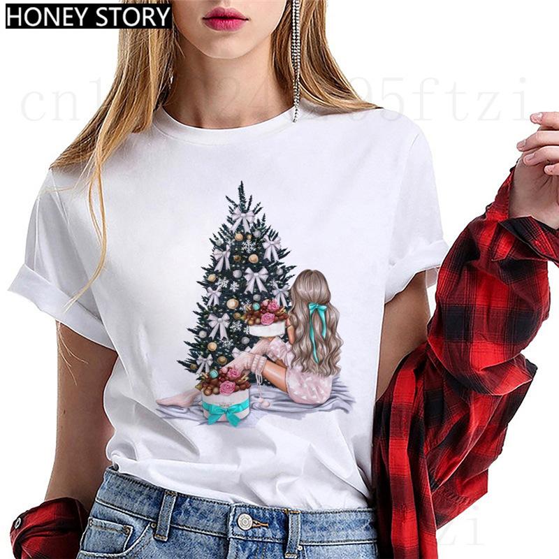 Fashion Cartoon Christmas Tree Graphic Women T-Shirts Summer Short Sleeve O-Neck Female Tops Streetwear Y2K Clothing