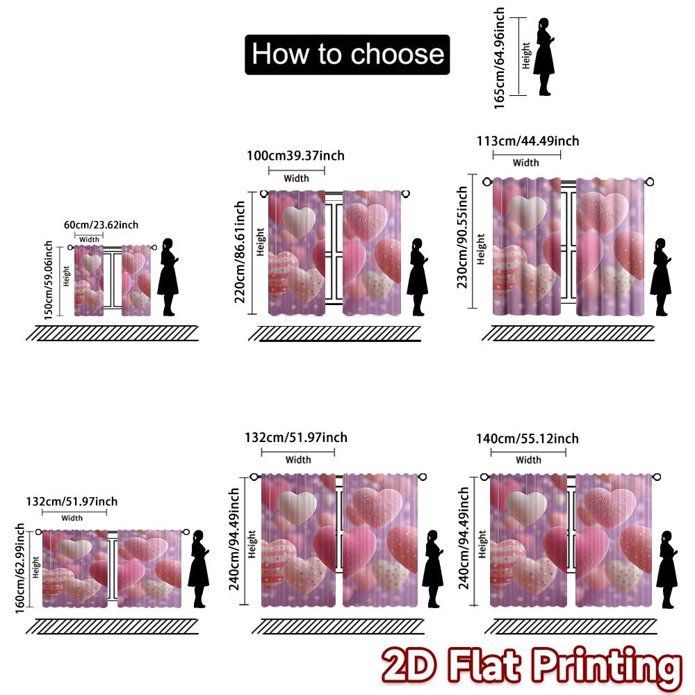2D FLAT PRINTING 2pcs Curtains (Without Rod) Valentine's Day Pink Hearts and Roses Chic Curtain Chic Versatile Durable Polyester