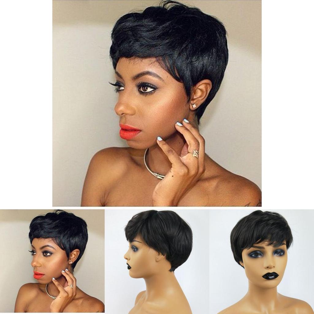 Elegant Pixie Cut Synthetic Wigs Short Hair Straight Black Wigs With Bangs For Women