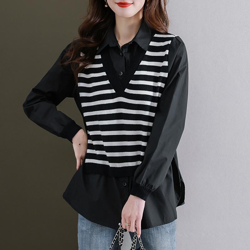 Spring New Striped Knitted Shirt Plus Size Women's Casual Vacation Two-piece Long-sleeved Top