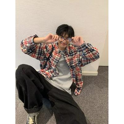 2024 Plaid Langarm Hemd Japanischen Hong Kong Stil Ins Lose Hemd Jungen Sommer Trendy Vielseitig Casual Mantel