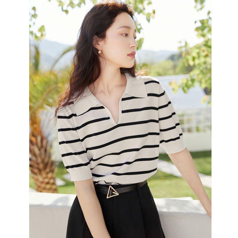 

Women s Black White Striped Polo Top Puff Sleeve Knit Blouse Sweaters Pullovers L