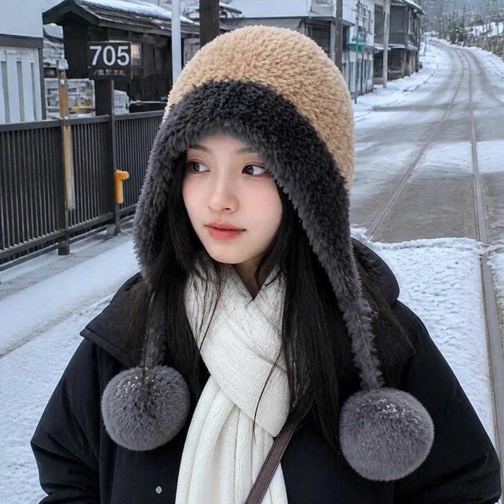 Fluffy Fur Plush Hat Windproof Pullover Hat New Pom-pom Knit Hat  Outdoor
